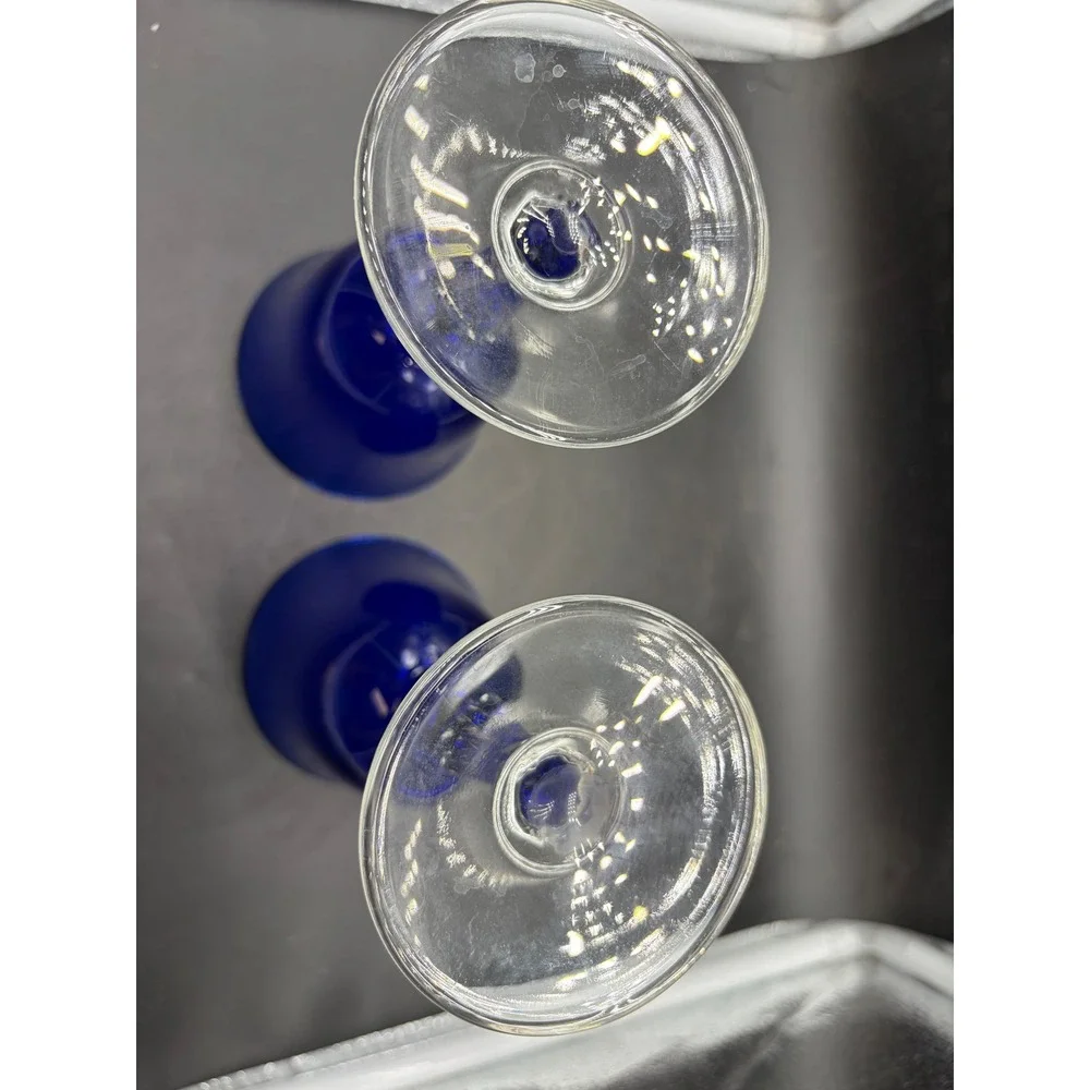 Vintage Cobalt Blue Wine Goblets Clear Twisted Stem Optic Panel Glass Set of 2